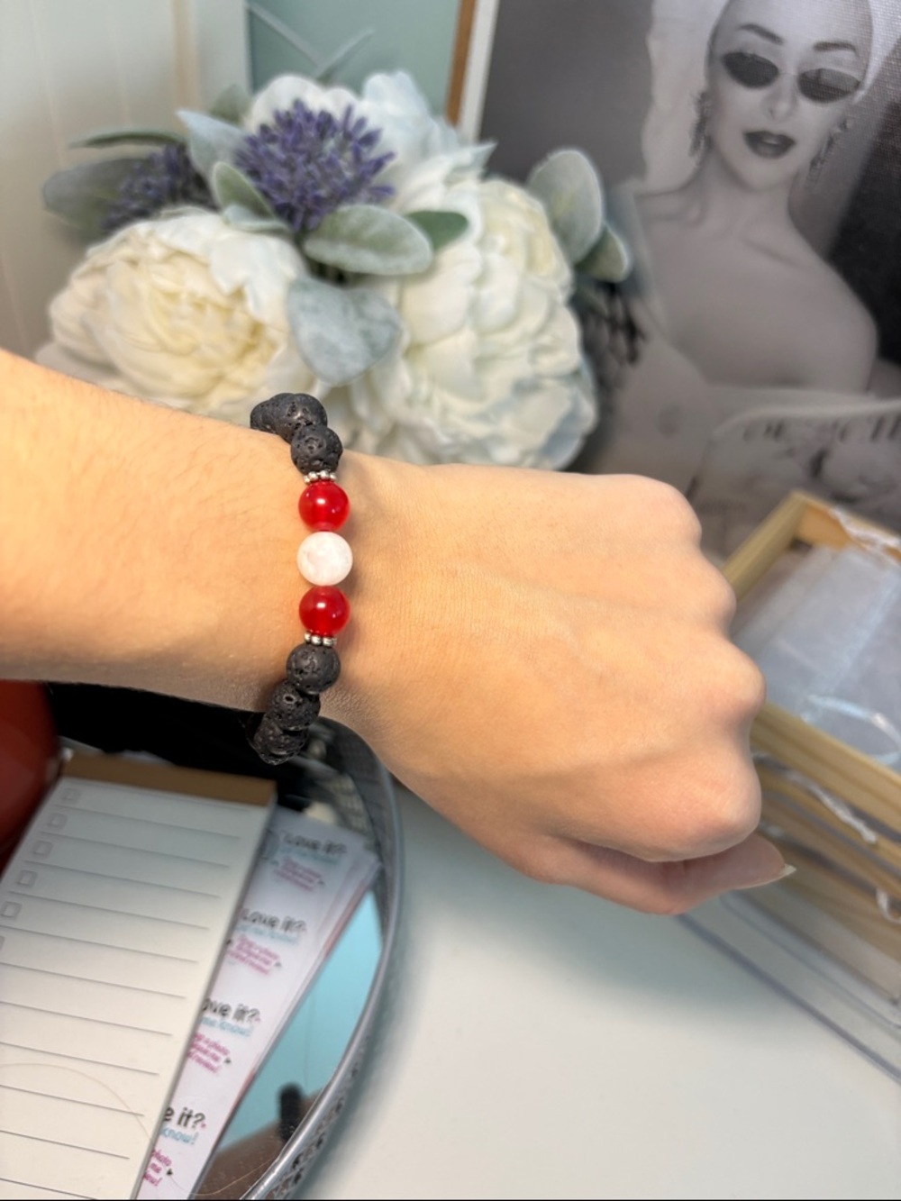 Red, White & Black Lava Stone Stretch Bracelet